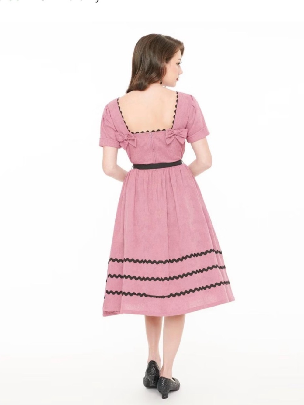 Unique Vintage Dusty Pink Midi Dress with Black Trim - Picture 4 of 5